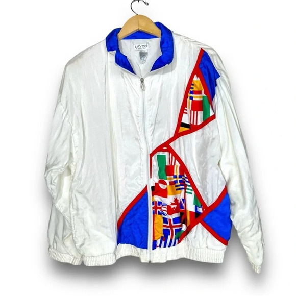 Vintage 80s Lavon Womens Nylon Windbreaker Nations Flags Track Jacket Large Sz L - Picture 1 of 8